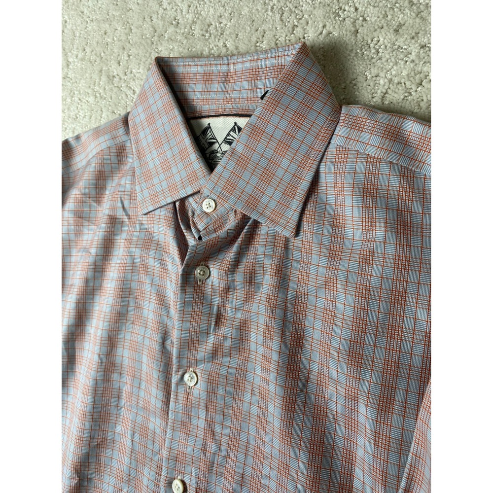 Thomas Pink Mens 15 Orange Blue Check Slim Fit French Cuff Cotton Dress Shirt
